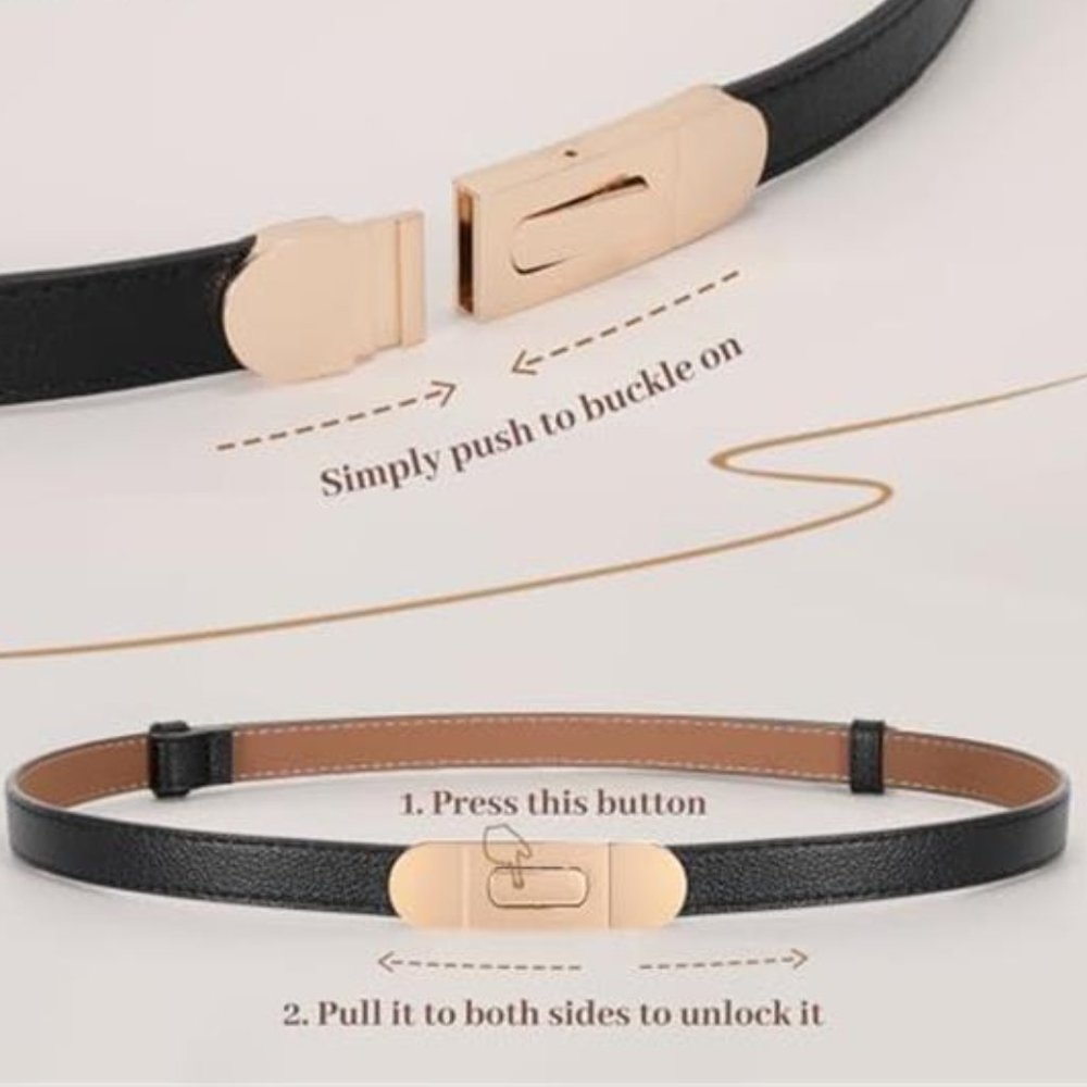Skinny Women Belt Thin with Alloy Turn Lock Black - Picture 3 of 5